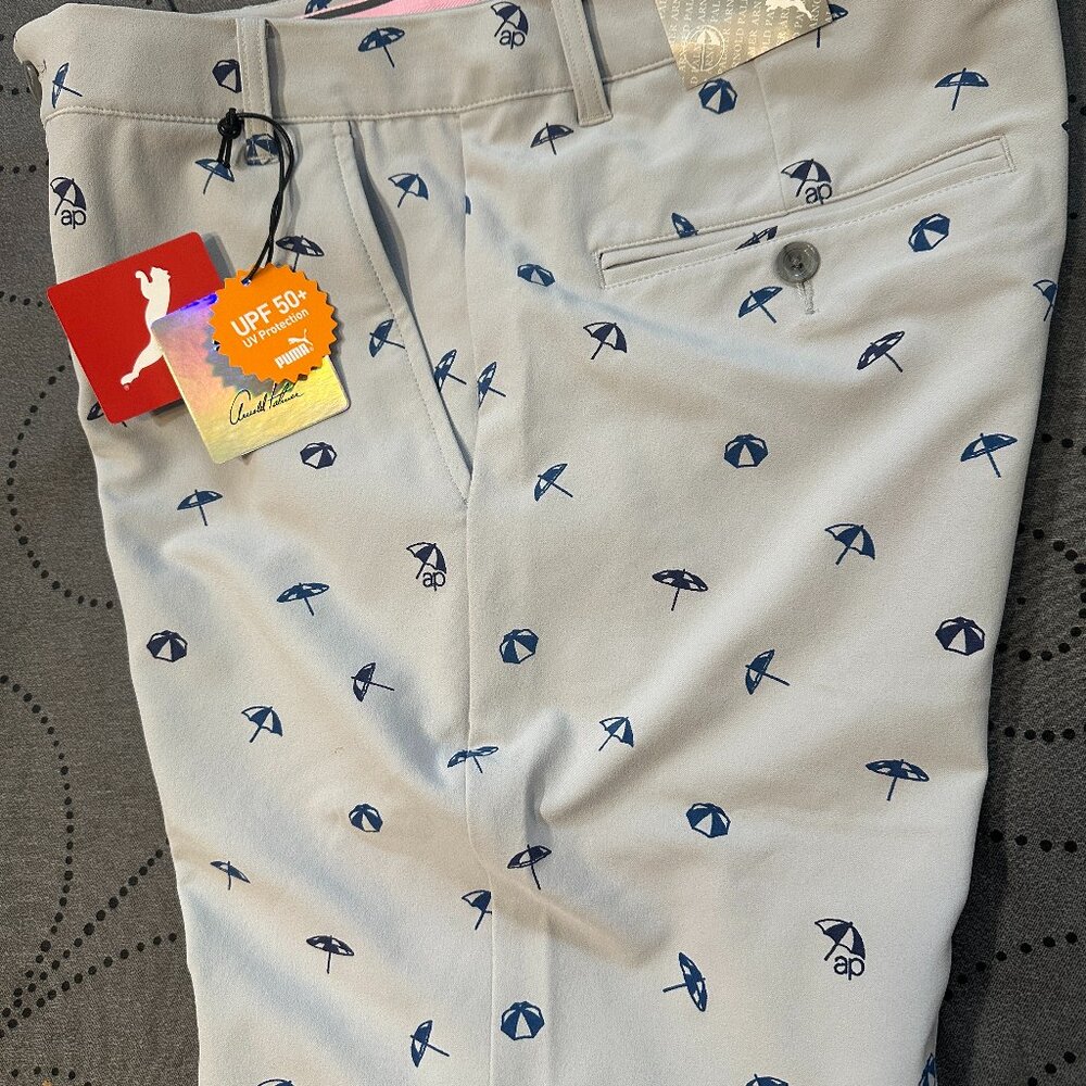 PUMA ARNOLD PALMER GOLF GRAY BLUE UNBRELLA PRINT SHORTS SIZE 38 34 32 MEN $95.00